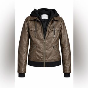 Bagatelle Brown Faux-Leather Bomber Jacket with Hood